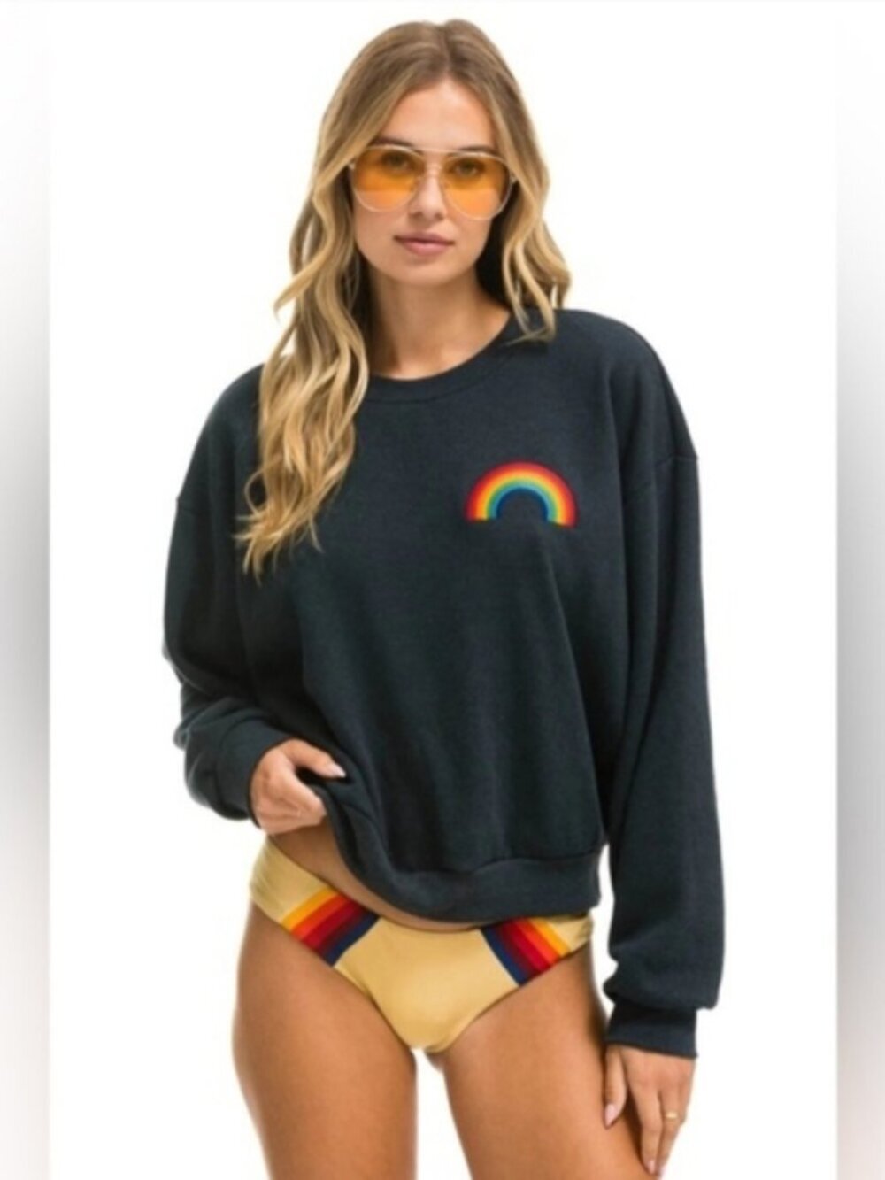 AVIATOR NATION Women’s Small Rainbow Embroidery Relaxed Crew Sweatshirt Gray